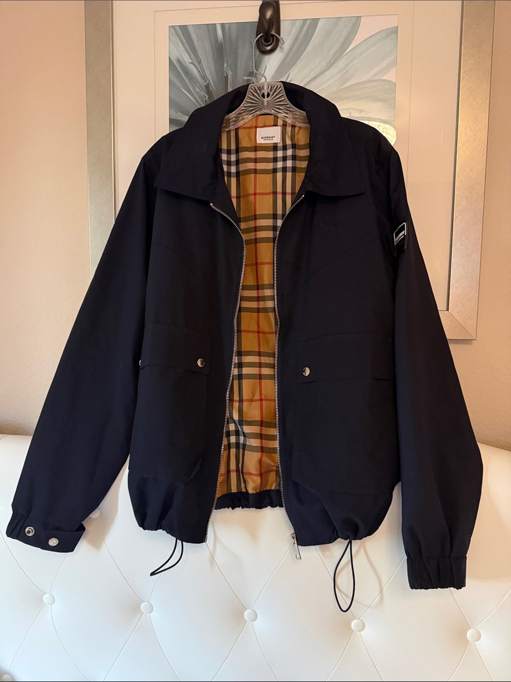 Burberry Navy Tan Checkered Lined Jacket with Black Trim